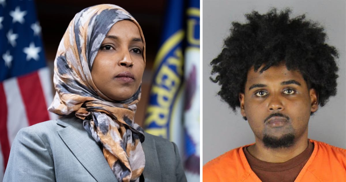 Rep. Ilhan Omar on the left, and Abdulrahman Abdi on the right, who was booked into the Hennepin County Jail on weapons charges.