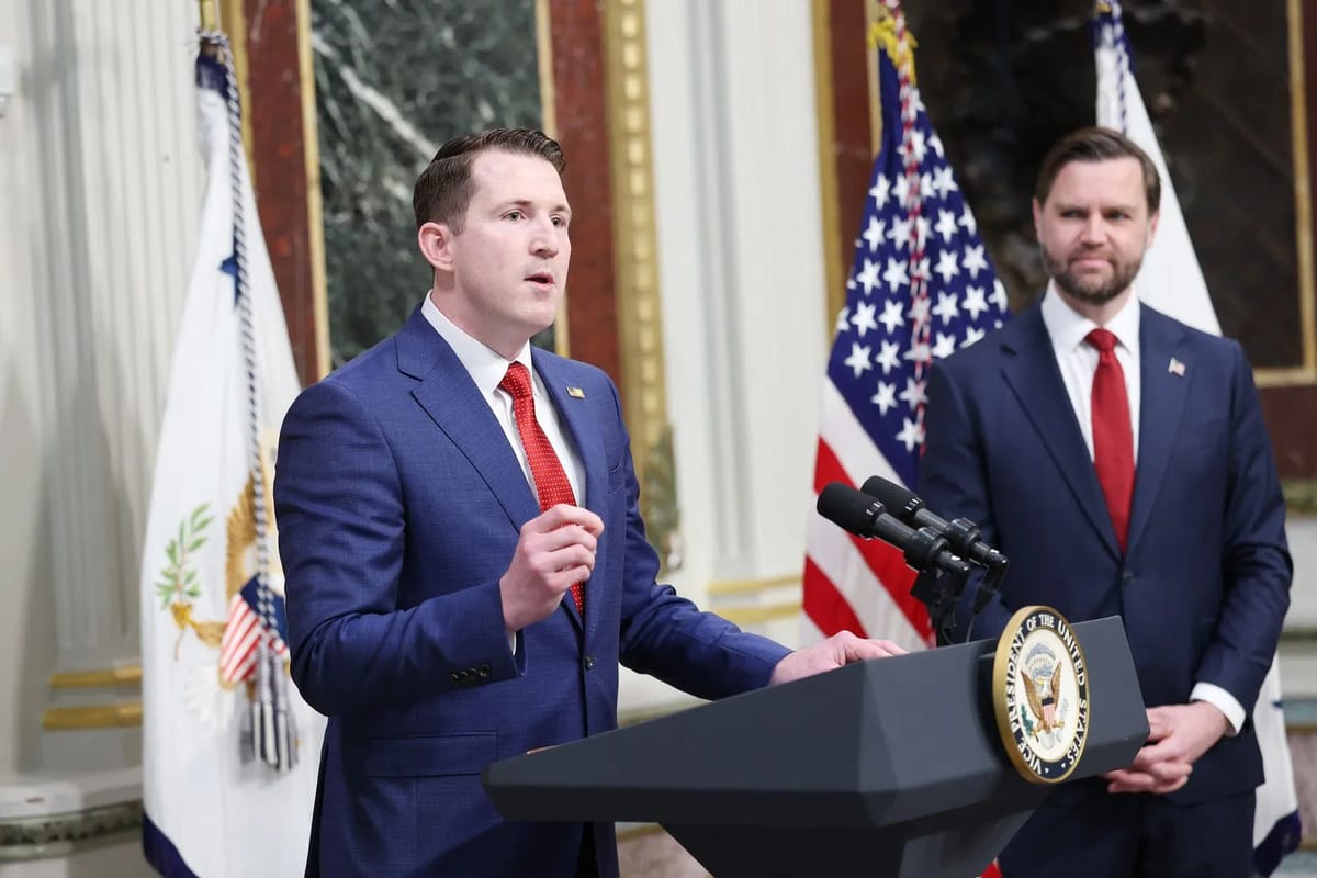 Colin McDonald speaks after being sworn in by U.S. Vice President JD Vance to be the assistant Attorney General for fraud enforcement at the Department of Justice, April 1, 2026