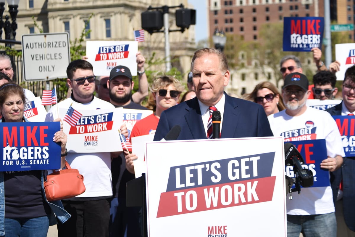 Former U.S. Rep. Mike Rogers (R-White Lake) after he filed signatures in Lansing in his bid for the Republican nomination for U.S. Senate. April 17, 2026
