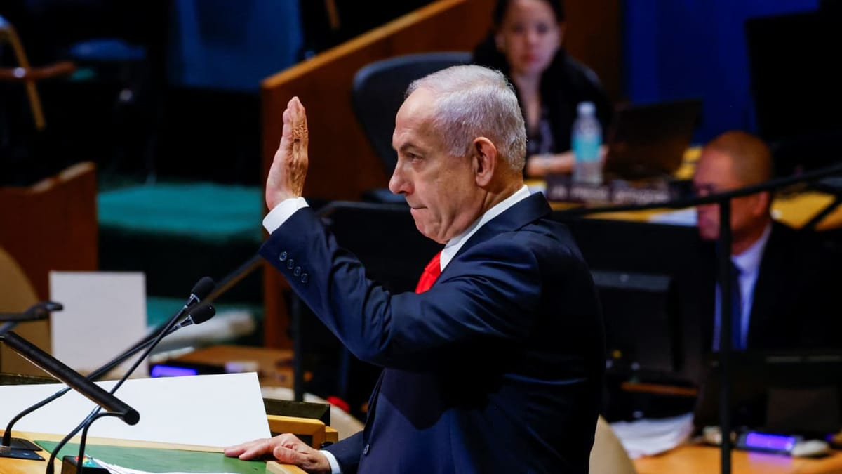 Prime Minister Benjamin Netanyahu gestures as he addresses the 80th United Nations General Assembly (UNGA) at UN headquarters in New York City, US, September 26, 2025