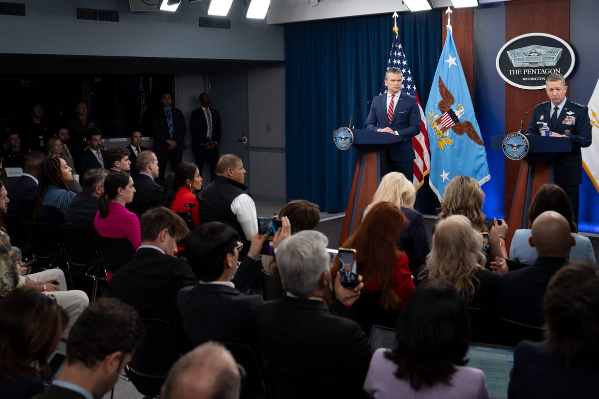 Secretary of War Pete Hegseth and Chairman of the Joint Chiefs of Staff U.S. Air Force Gen. Dan Caine conduct a press briefing at the Pentagon, Washington, D.C., May 5, 2026.