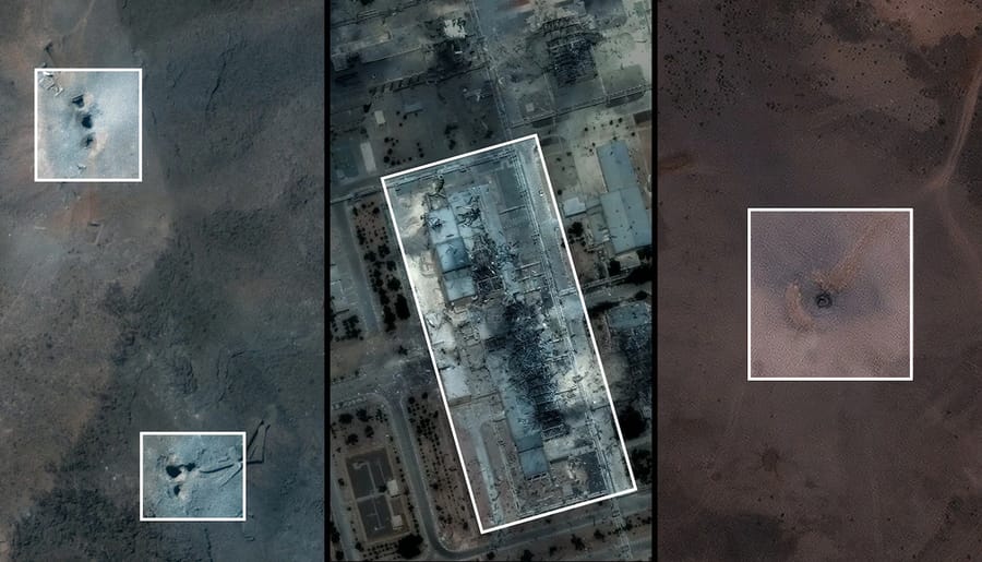 A combination picture shows satellite images over the Fordow underground complex, after the U.S. struck the underground nuclear facility, near Qom, Iran, June 20, 2025