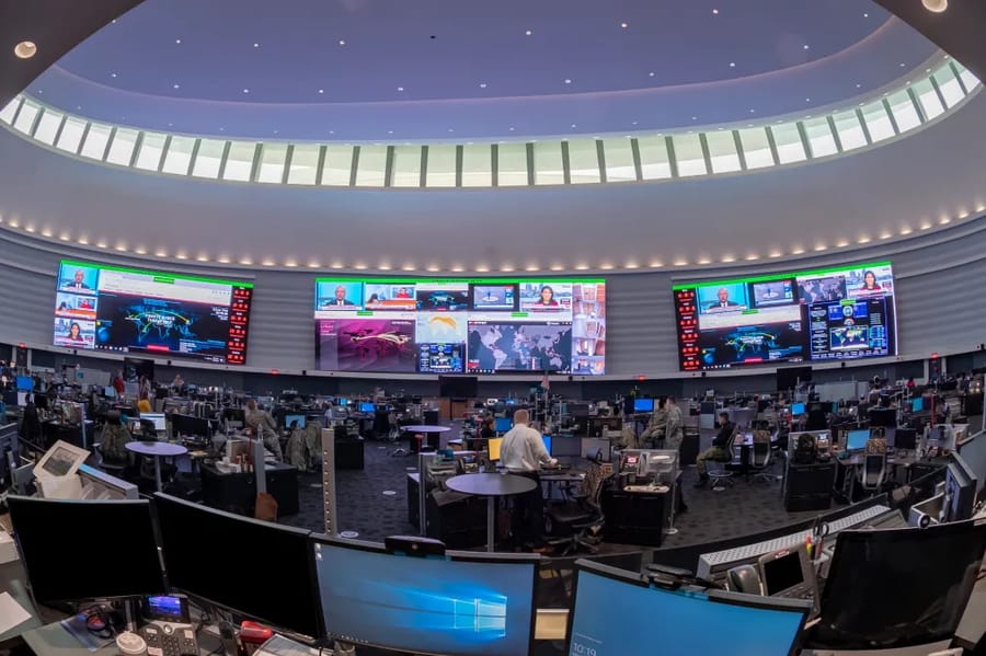 The National Security Agency and Cyber Command's Integrated Cyber Center's Joint Operations Center Watch Floor in Fort Meade, Maryland.