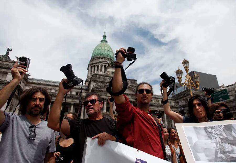 Argentine journalists protest police action outside Argentine Congress in Buenos Aires in 2017.