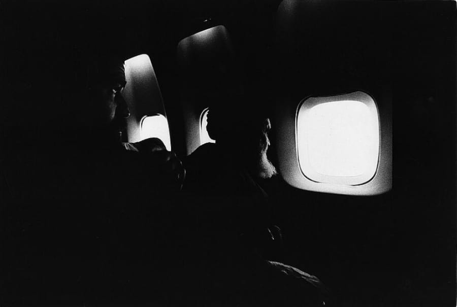 Khomeini, on the way to Tehran, Feb. 1979, on an airplane