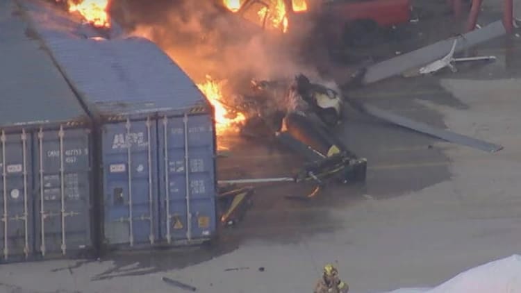 A helicopter crashed between two commercial buildings in the Los Angeles area.