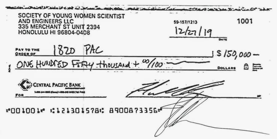 A $150,000 check to the Collins-aligned 1820 PAC from the Society of Young Women Scientist and Engineers, the shell entity used to conceal Navatek as the source.